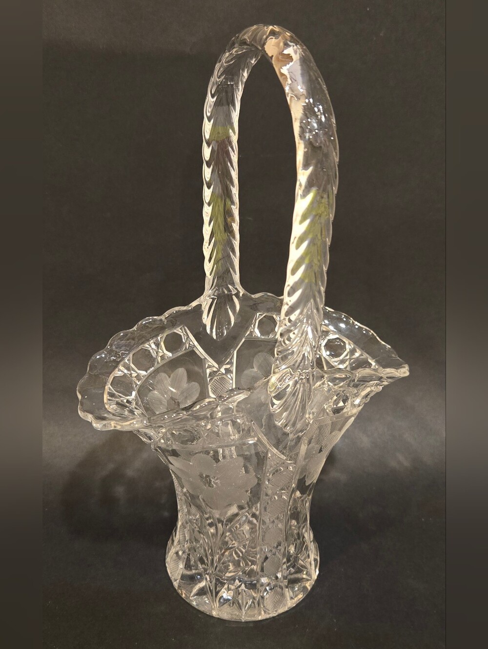 Clear Cut Glass Basket with Etched Floral Design